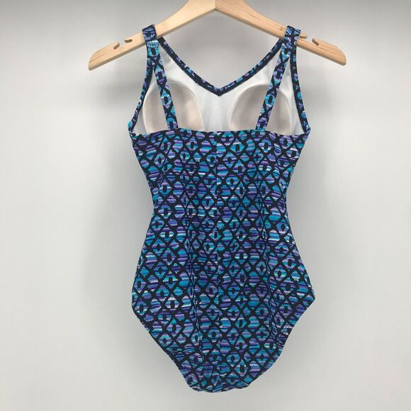 Speedo One Piece Swimsuit Womens 6 Purple Blue Black Geometric Print Padded - Picture 2 of 8